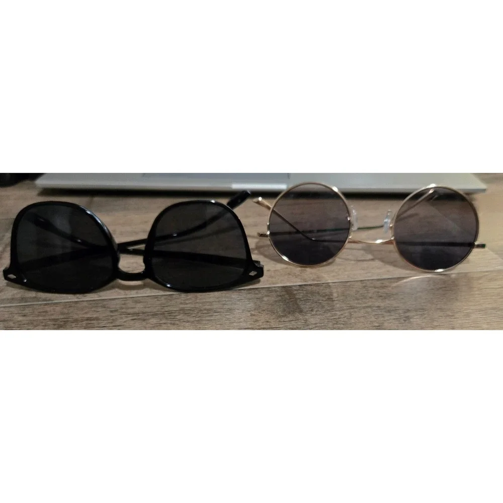 Lot of 2 Sunglasses Black Round Cat Eye and Gold Metal Circle Retro Frames